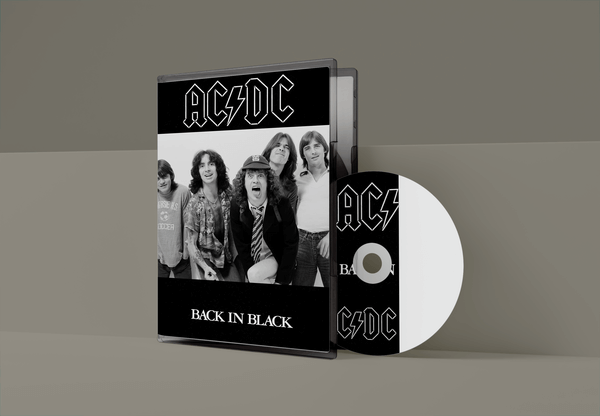 Back in Black by AC/DC album with a photo of the group in black and white and also the disk placing into the disk case.