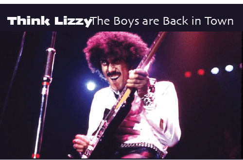 thin Lizzy playing guitar in the band the boys are back in town on the top of the picture