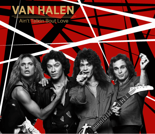 Van Halen group with their guitars on the red background